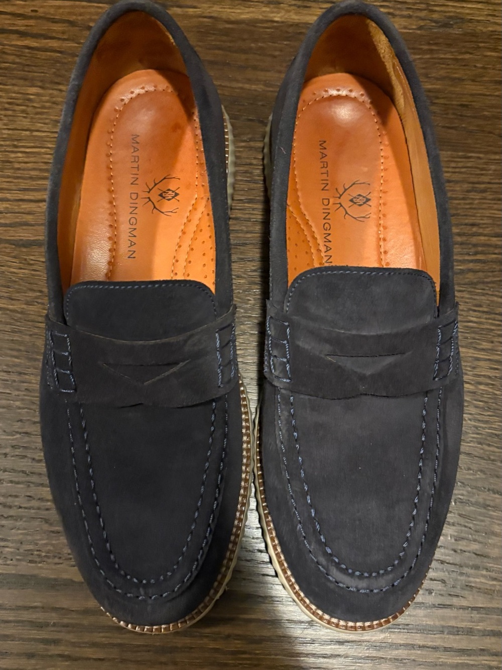 Martin Dingman Dark Blue Suede Penny Loafers
